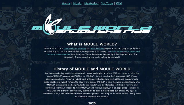 Screenshot of moule.world's page showing the words 'MOULE WORLD' spelt in an extended Y2K-style typeface in turquoise, and "Enjoy the Ride" below it in white. A silhouette of a mule's head with big ears sticks out of the 'O' in 'MOULE'.

Below a description of MOULE WORLD is given as a transmedia storytelling worldbuilding project, with a history of MOULE and MOULE WORLD below that in front of dark blue boxes.

The background shows the heads of numerous MOULE WORLD cartoon animal characters in faded blue. Overall the website has a blue and white colour scheme.