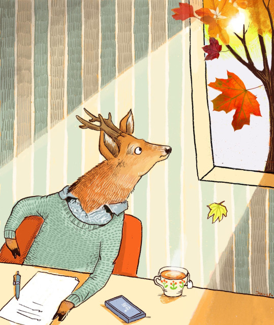 The deer sits at the table, a paper and smartphone before him. He gazes longingly out the window, where sunlight filters through autumn leaves. His heart is outdoors, far from the desk.