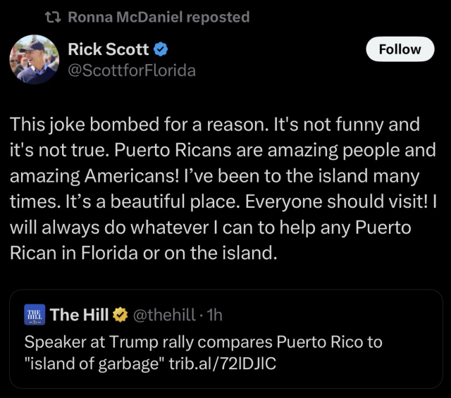 Sen Scott’s post, he says it was a joke & that Puerto Ricans are amazing people: