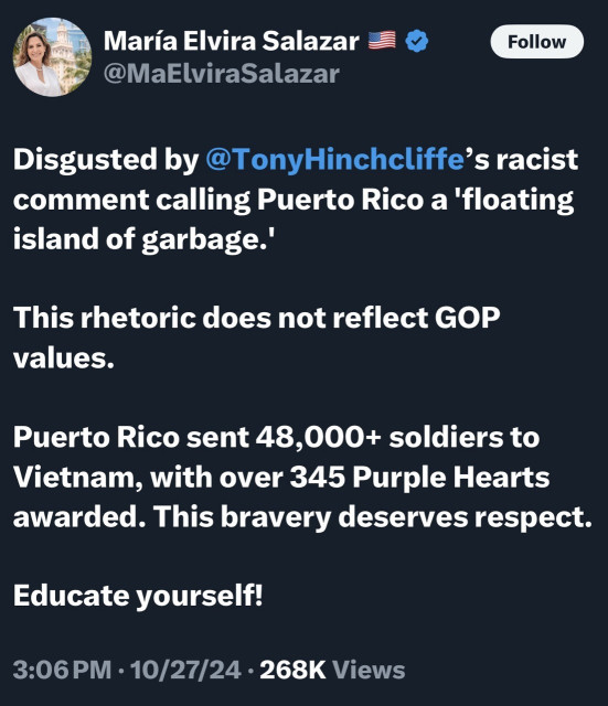 Rep Salazar from Florida’s post, she is disgusted by the comedian’s racist comment. 