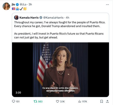 Jennifer Lopez retweeted @ Kamala Harris tweet: - 

Throughout my career,'ve always fought for the people of Puerto Rico. Every chance he got, Donald Trump abandoned and insulted ther. As president, I will invest in Puerto Rico's future so that Puerto Ricans can not just get by, but gt ahead ‘