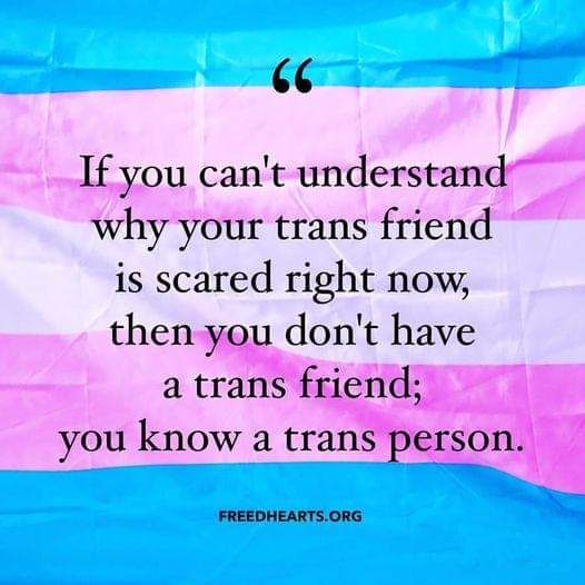 If you can't understand why your trans friend is scared right now, then you don't have a trans friend; you know a trans person. 

Freedhearts.com