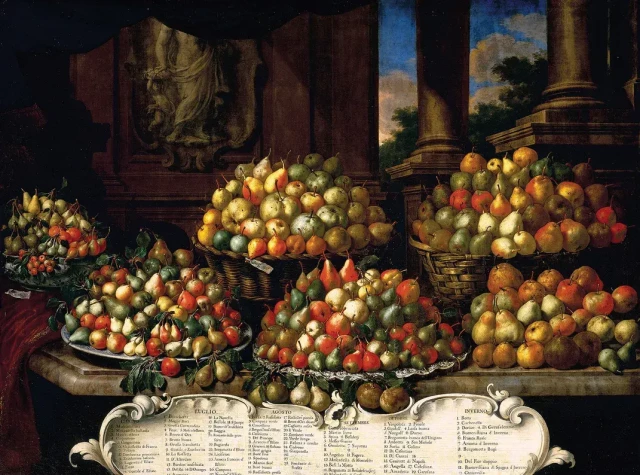 An old painting containing an enormous quantity of pears 