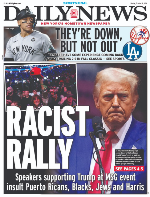 DAILY NEWS Speakers supporting

RACIST RALLY, SPEAKERS INSULT PERTO RICIANS, BLACKS, HISPANICS, AND VP KAMALA HARRIS  