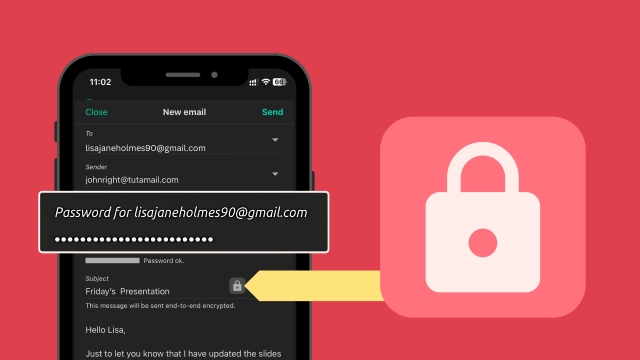 A graphic showing how to send an end-to-end encrypted email to a non-Tuta user on a mobile device.