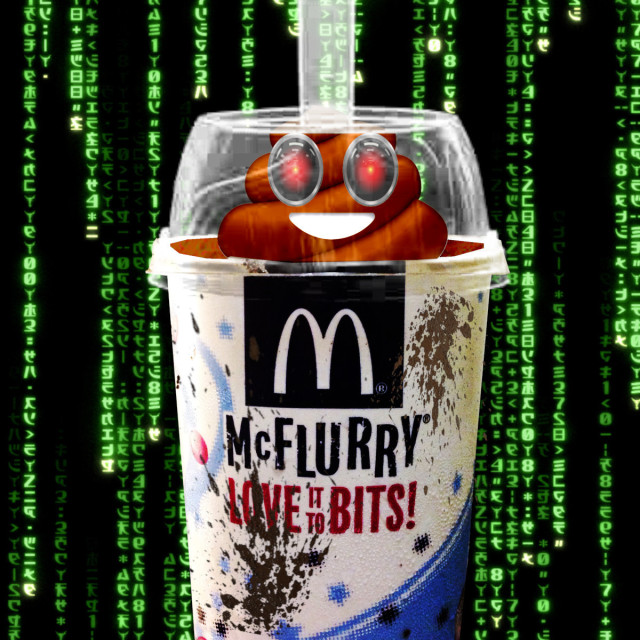 A McDonald's McFlurry cup. Under its transparent lid is a poop emoji whose eyes have been replaced with the glowing red eyes of HAL 9000 from Stanley Kubrick's '2001: A Space Odyssey.' The cup is spattered with dirt. Behind it is a 'code waterfall' effect as seen in the credit reels of the Wachowskis' 'Matrix' movies.   

Image: Cryteria (modified) 
https://commons.wikimedia.org/wiki/File:HAL9000.svg  

CC BY 3.0 
https://creativecommons.org/licenses/by/3.0/deed.en 