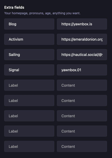 In Mastodon profile settings, this is a screenshot of the "Extra fields" section. By default there are 4. I've changed disobey.net to have 9.