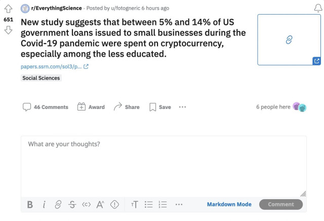 New study suggests that between 5% and 14% of US & government loans issued to small businesses during the n Covid-19 pandemic were spent on cryptocurrency, G especially among the less educated