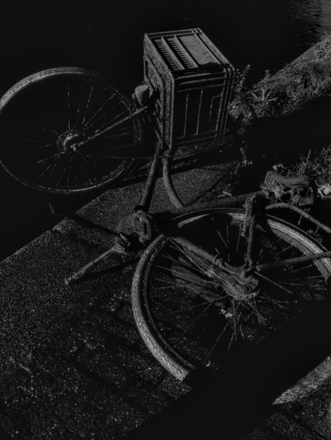 A very dark black and white photo of a bike, covered in mud, laying on its side next to a canal. The bike has a milk crate attached in front of the handle bars above the front wheel.