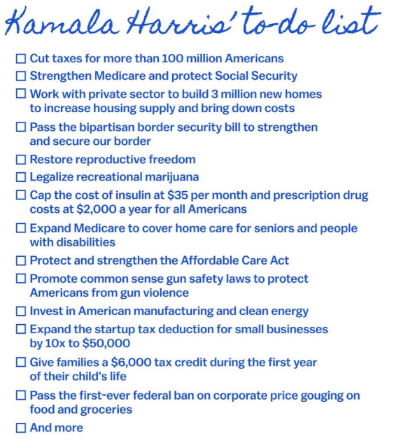 A handwritten list of policy and promises to protect and strengthen America.