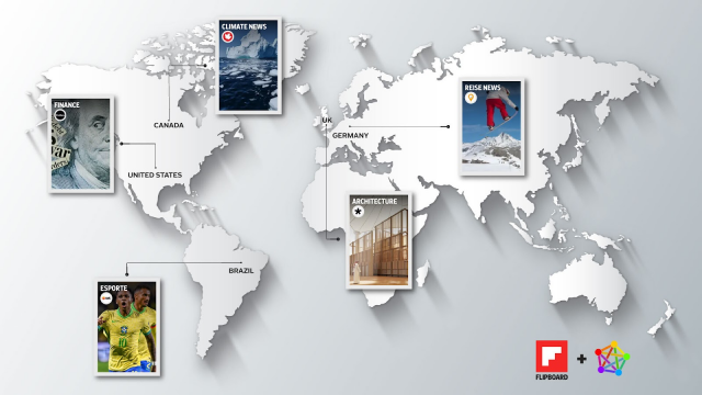 Image of world map with Magazine covers coming off it in Brazil, Canada, the U.K and Germany