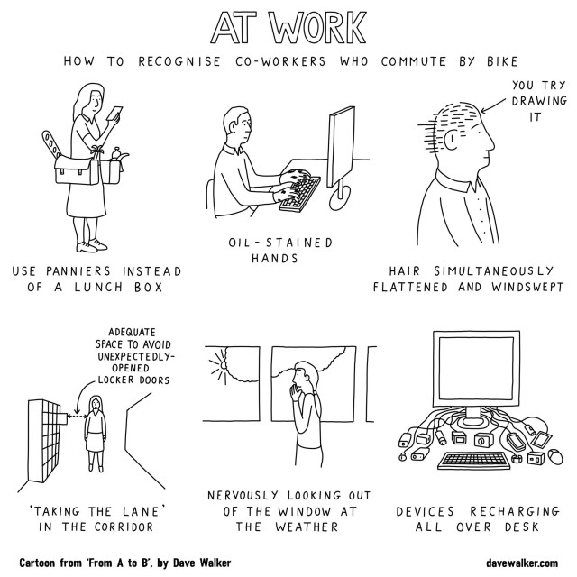 Cartoon from "From A to B" by Dave Walker
davewalker.com

AT WORK
How to recognise co-workers who commute by bike

*Use panniers instead of a lunch box
*Oil stained hands
*Hair simultaneously flattened and windswept. (you try drawing it)
*'Taking the lane' in the corridor  (person leaving adequate space to avoid unexpectedly opened locker doors)
*Nervously looking out of the window at the weather.
*Devices recharging all over desk. 