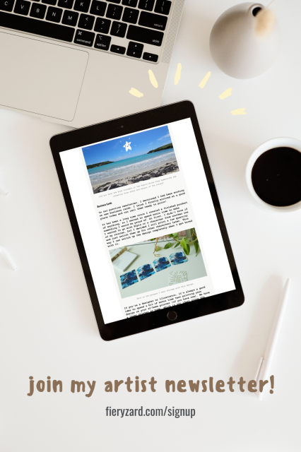 An iPad on a desk showing a preview of the newsletter. There is text talking about the process of creating business cards along with a photo of a beach and the business card iterations.