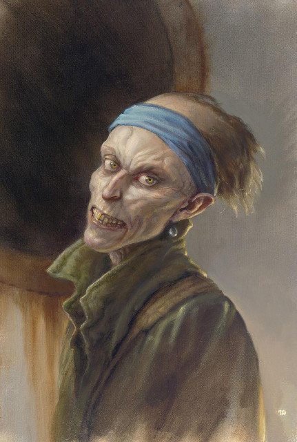 A horror homage to "The Girl with the Pearl Earring" by Vermeer. A ghoul in a green trench coat tilts its head back offering a tight, awkward grin. Its yellowing teeth are a match for its unnatural eyes. A blue scarf is wrapped around its long forehead and a grey teardrop earring hangs from its ear. The background is loosely rendered, framing the subject off-center in circle that looks like a large rusting porthole. 
