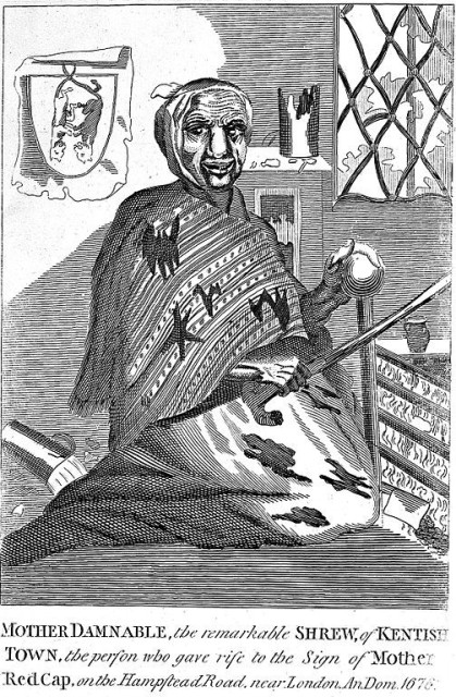 A drawing of an old, wrinkled woman in shabby clothes, who appears to be kneeling in front of a fire and suspending something over it. The black patches on her cloak somewhat resemble bats. The caption calls her 'Mother Damnable, the remarkable Shrew of Kentish Town'. 