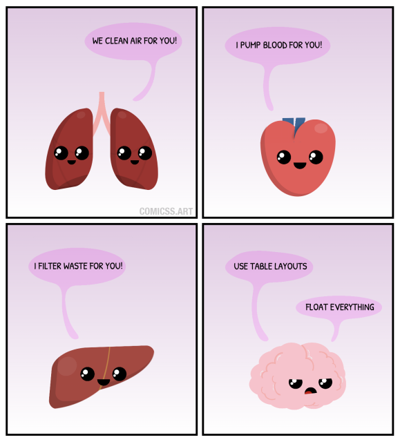 comic with four panels showcasing organs. The lungs say 'we clean air for you', the heart says 'I pump blood for you', the liver says 'I filter waste for you', and the brain says 'use table layout, float everything'