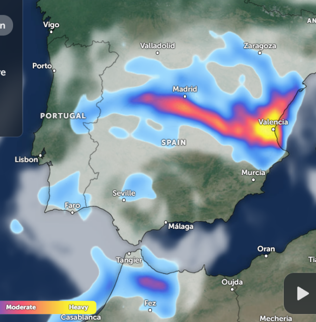 Map of Spain, showing moderate to heavy rainfall across Valencia on the east coast of Spain.