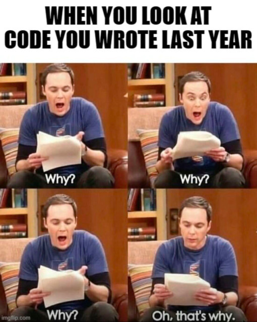 When you look at code you write last year. 

Door panels. Three showing an annoyed guy saying “why?”

Fourth with him saying log that’s why”