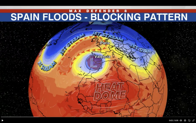 Screenshot of Jeff's video showing the globe, zoomed in on Spain where a Low hovers over the whole peninsula, flanked by two Highs placed there by the jetstream. 
Also, Northern Africa shows to be under a heat dome...