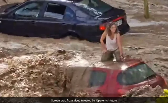 Hoping for rescue above a flooding car