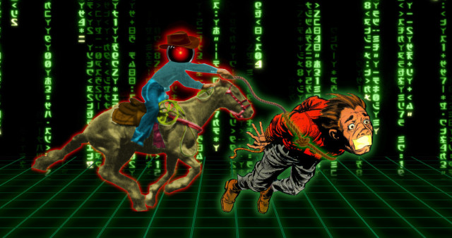 A cowboy astride a racing horse, lassoing a man who is bound and gagged, his face a mask of panic. The cowboy's head has been replaced with the staring red eye of HAL 9000 from Stanley Kubrick's '2001: A Space Odyssey.' The horse is racing along a glowing platonic gridded plane as seen in the Tron movies. The background is a 'code waterfall' effect as seen in the credit sequences of the Wachowksis' 'Matrix' movies.


Image:
Cryteria (modified)
https://commons.wikimedia.org/wiki/File:HAL9000.svg

CC BY 3.0
https://creativecommons.org/licenses/by/3.0/deed.en