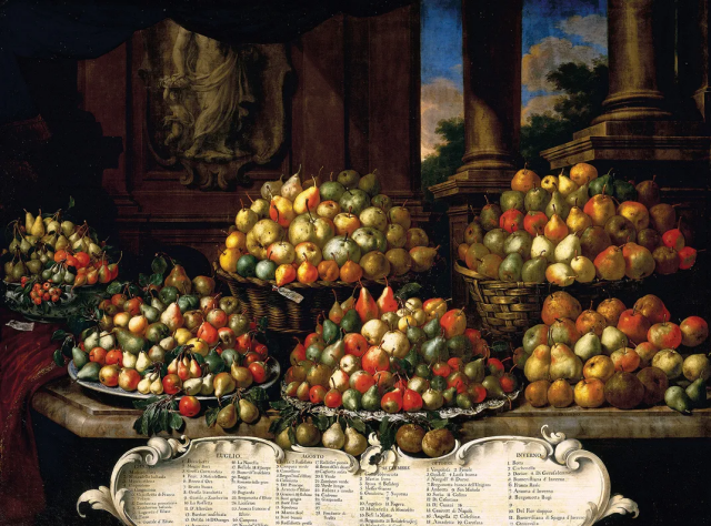 The Museum of Still Life in the Villa of the Medici in Prato offers colorful depictions of 17th-century Italian fruit, including these pears rendered by Bartolomeo Bimbi. Alinari Archives, Florence / Bridgeman Images.

A richly detailed still-life painting showing an elaborate display of various types of fruits, artfully arranged in baskets and bowls across a table. The fruits include what seem like pears, apples, and cherries, all in vibrant, natural colors. The background features architectural elements, such as columns, a blue sky, and parts of classical statues, giving the setting a grand, almost palatial feel. Below the fruits, there is a scroll with text that seems to list types or varieties of fruits, perhaps by month or season. 