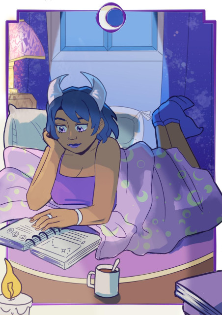 Image Description #1: Digital art of my dragon OC Bryce who is lying on her belly and reading a book in a cozy nook at night