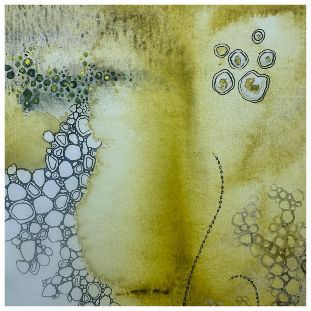 A yellow/ocre area with black ink shapes on a white background. 