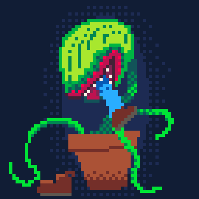 Static pixel art. A potted plant with a large, bulb-shaped head and pinkish mouth with white teeth is chewing on a blue-jean clad leg. A brown shoe sits abandoned in front of the plant. Tendrils extend from the plant, searching for its next meal.