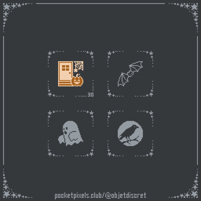 a pixel art illustration of a doorstep with a jack-o-lantern in front of it and a spiderweb in the corner with a spider hanging off of it, accompanied by pixel art illustrations of a bat (flying mammal), a cartoonish ghost, and a silhouette of a crow sitting on a branch against the moon