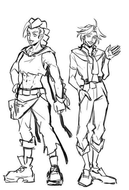 Rough black and white sketches of a muscular female character and a slender male character 