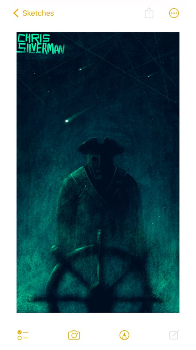 A skeletal figure wearing an old seaman's coat and a tricorn hat stands behind an old-style ship's steering wheel. The entire scene is illuminated in eerie green light. Above is a starry night sky crisscrossed with green lines. Meteors streak through the night. People who were online back when the floppy disk icon meant something might think this looks a little familiar.