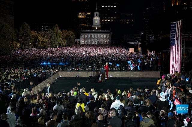 Hillary Clinton’s pre-election night rally in Philadelphia, 2016 is seen with a crowd size going on for miles. 