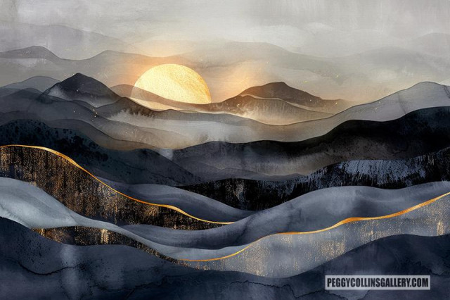 Landscape artwork of a full moon rising over mountains, by artist Peggy Colins.