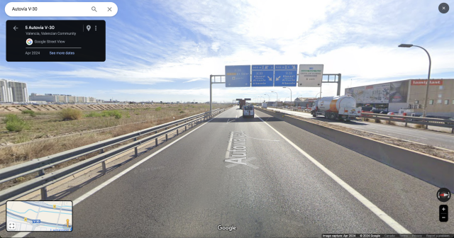 A google street view image reportedly taken in April 2024 shows the same stretch of road. The same roadsign is seen. The river is dry and flat and wide. 