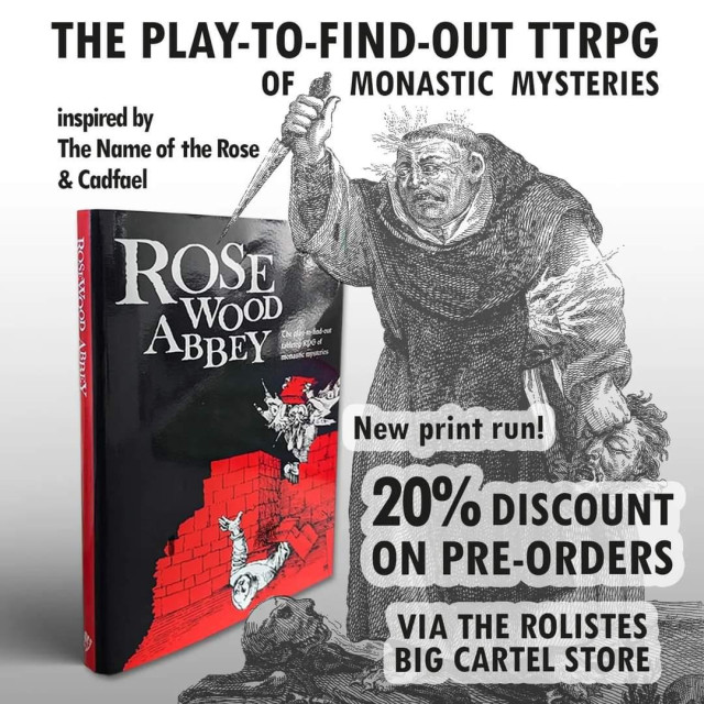 Promotional visual for the time-limited 20% discount on Rosewood Abbey pre-orders featuring a monk standing the book.