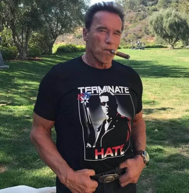 arnold schwarzenegger with a "terminate hate" t shirt