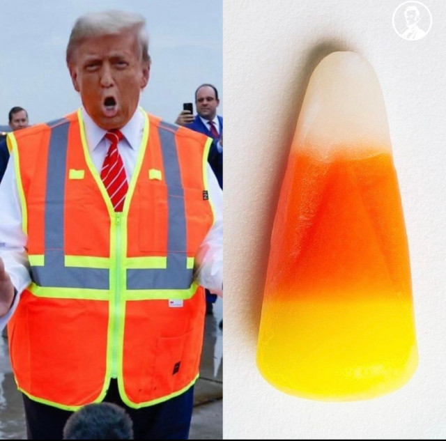 A person wearing an orange safety vest stands next to an image of a candy corn.