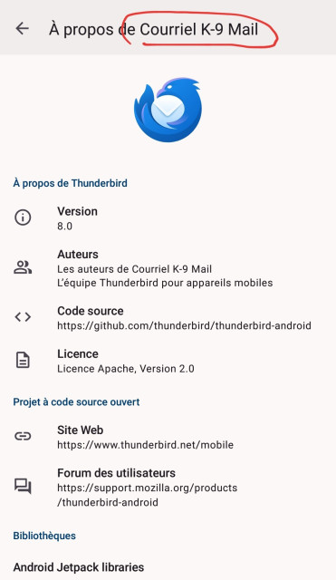 Screenshot of the About menu of the Thunderbird application. It is named "À propos de Courrier K-9 Mail" (About K-9 Mail).