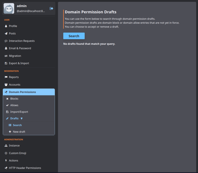 Screenshot of the GoToSocial settings panel, showing a new side menu for domain permission drafts. The menu routes to pages for viewing existing drafts and creating new drafts.