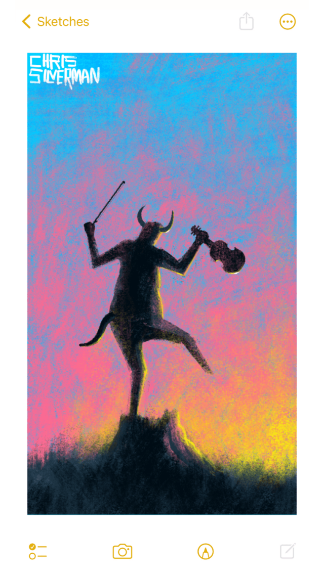 A figure with horns and a tail dances on top of a tree stump. The figure is seen from the back, and is holding a violin in one hand and a bow in another. The horizon is the pink and yellow of either a sunrise or a sunset, with the yellow light reflecting off the stump and the figure. The upper portion of the sky is blue.