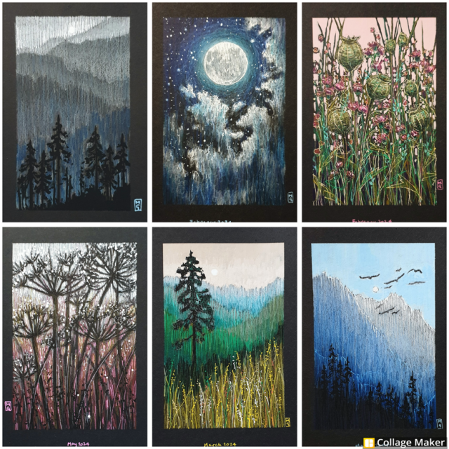 A photo collage of some of my art with a very slightly spooky vibe.  A mountain forest landscape, the moon in the night sky,  a poppy seed head floral landscape, silhouettes of cow parsley, a lone tree on a hill and a mountain landscape with birds. 