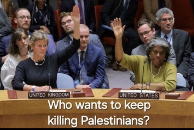 A picture of the UK and USA ambassadors to the UN Security Council raising their hands, with the caption: Who wants to keep killing Palestinians?