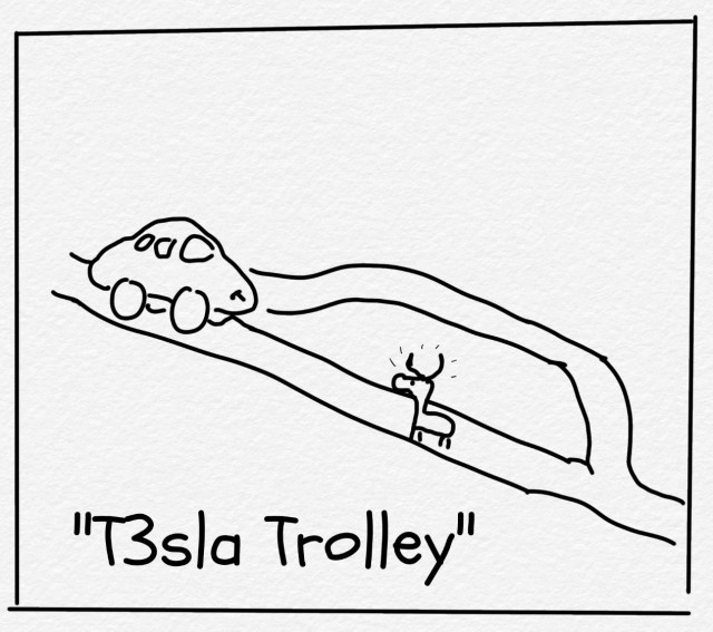 Satirical cartoon of a "Flawed Self-Driving" trolley problem.