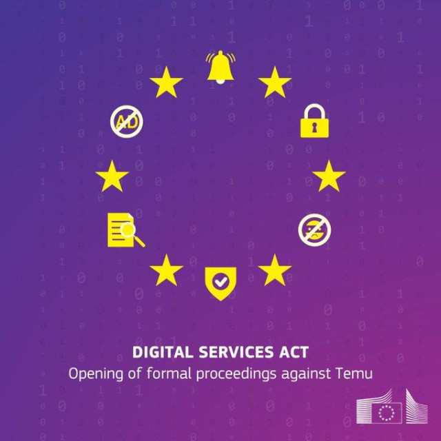 A visual with eight yellow stars on a purple background and six icons representing notifications, security, search, and ads placed around the stars. At the centre is a magnifying glass with a chart inside. The text at the bottom reads 'DIGITAL SERVICES ACT' and ' Opening of formal proceedings against Temu.' The European Commission logo is in the lower right corner. 
