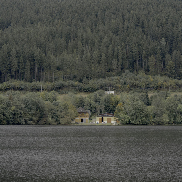 This image depicts a serene lakeside scene in a lush, forested setting. In the foreground, a still, dark lake reflects the surrounding landscape. On the far shore, a cluster of small, colorful houses nestled among the trees stands out against the dense, evergreen forest that covers the hillsides. The contrast of the bright, warm-toned buildings against the deep, shadowy lake and the dense, green forest creates a striking, moody atmosphere.