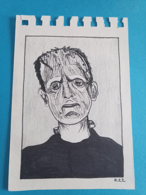 Pen drawing of Frankenstein's monster using a reference photo of Boris Karloff 