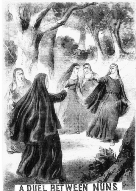 Old engraving tilted "A Duel Between Nuns" showing two nuns pointing pistols at each other surrounded by three horrified sisters.