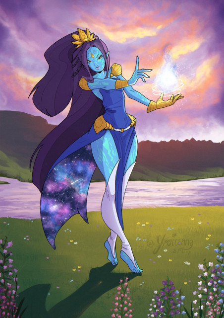 Drawing of a blue-skinned woman standing in front of a river. There are mountains lit by the sunset behind her and painterly clouds in the sky. She is surrounded with small flowers. The woman has a very long dark hair and a golden flower hair clip. She is wearing a dress that shows her skinny legs, but the inside of her attire resembles the cosmos.  
