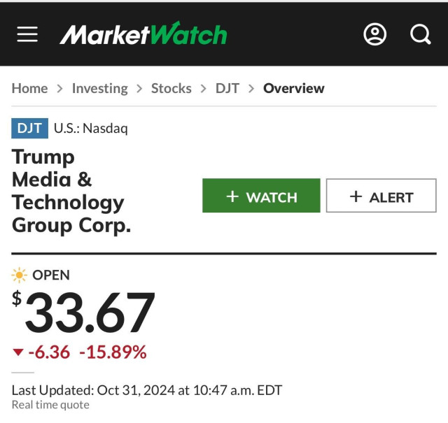 Stock ticker showing Trump’s meme stock trading at $33.67. 